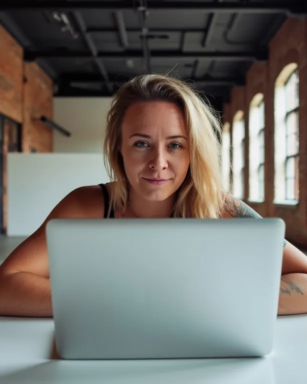 Katie Rutten leaning on a desk behind a laptop in a bright brick loft with tall arched windows, smiling at the camera