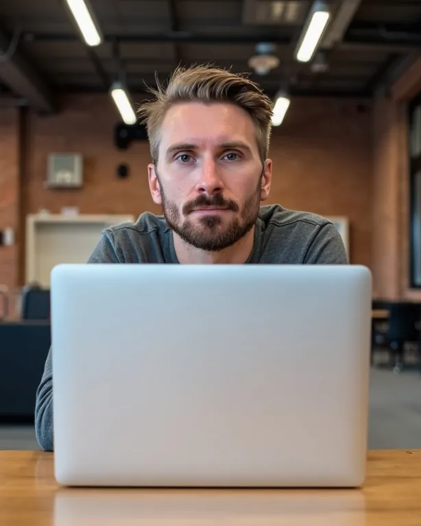 Kyle Rutten sitting at a laptop in a brick-walled workspace, looking straight at the camera