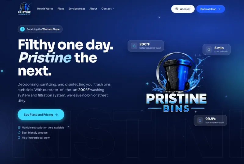 The Pristine Bins homepage: a deep blue page with its trash-bin logo, a short headline and a See Plans and Pricing button