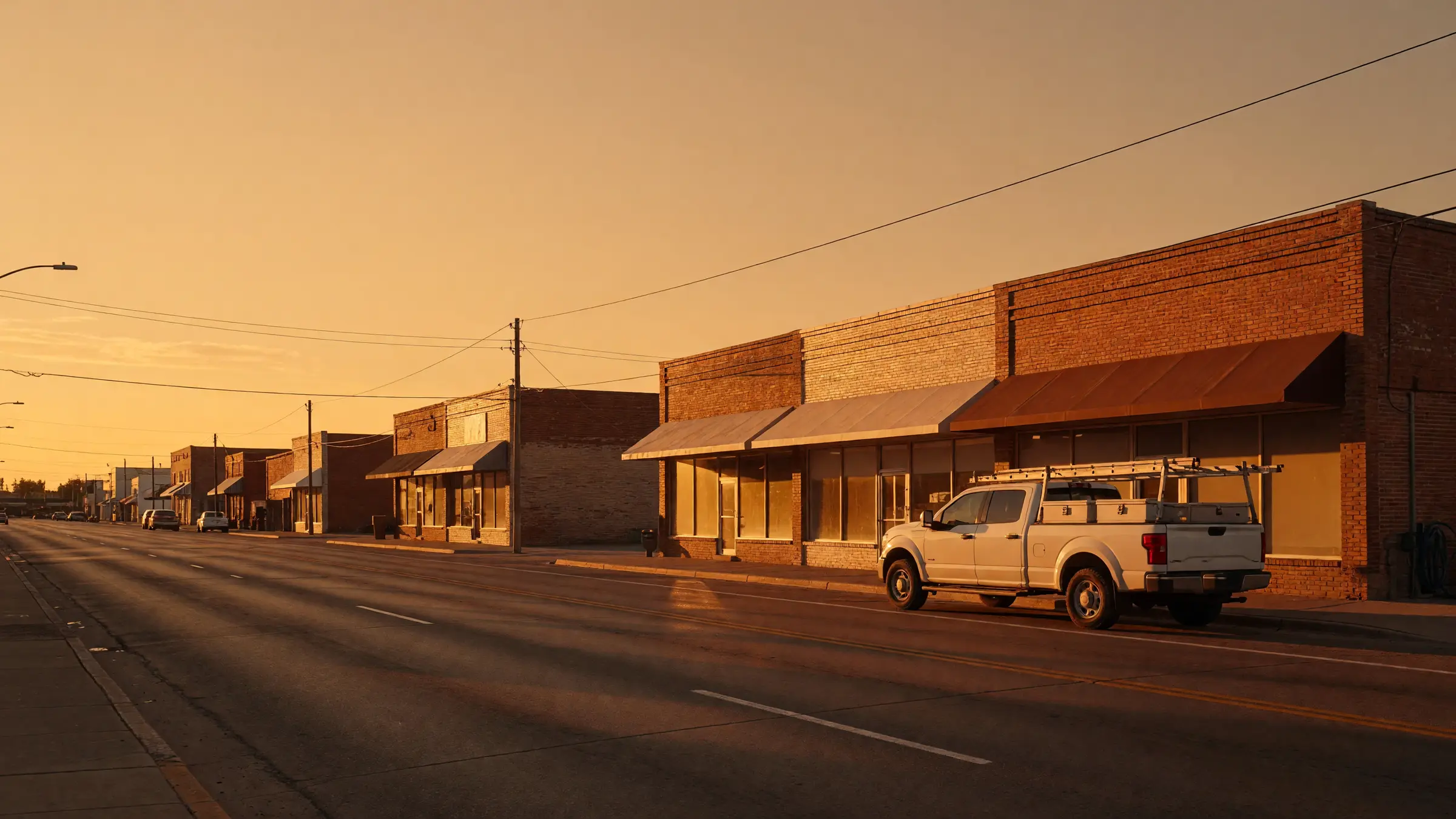 Low brick storefronts on a wide Texas street at golden hour, a white work pickup with a ladder rack at the curb