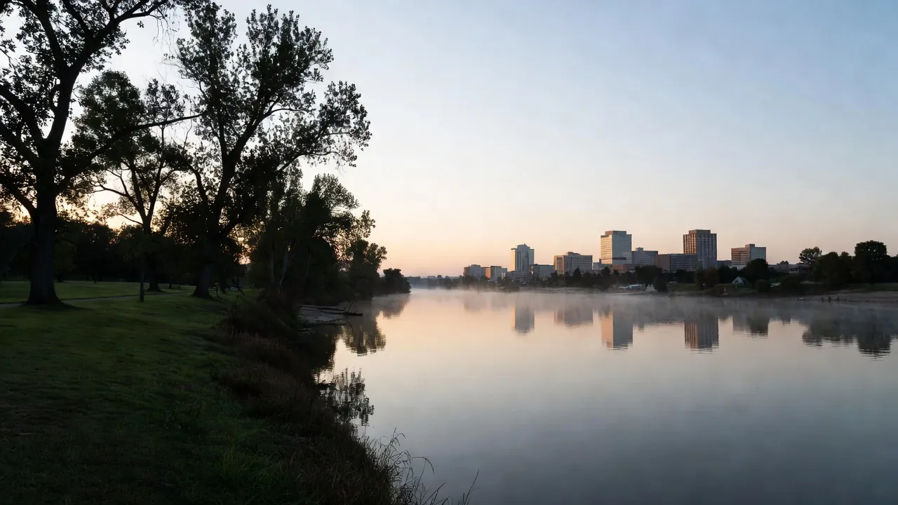 The Trinity River at dawn from the riverside trail, cottonwoods on the banks and downtown Fort Worth low on the horizon