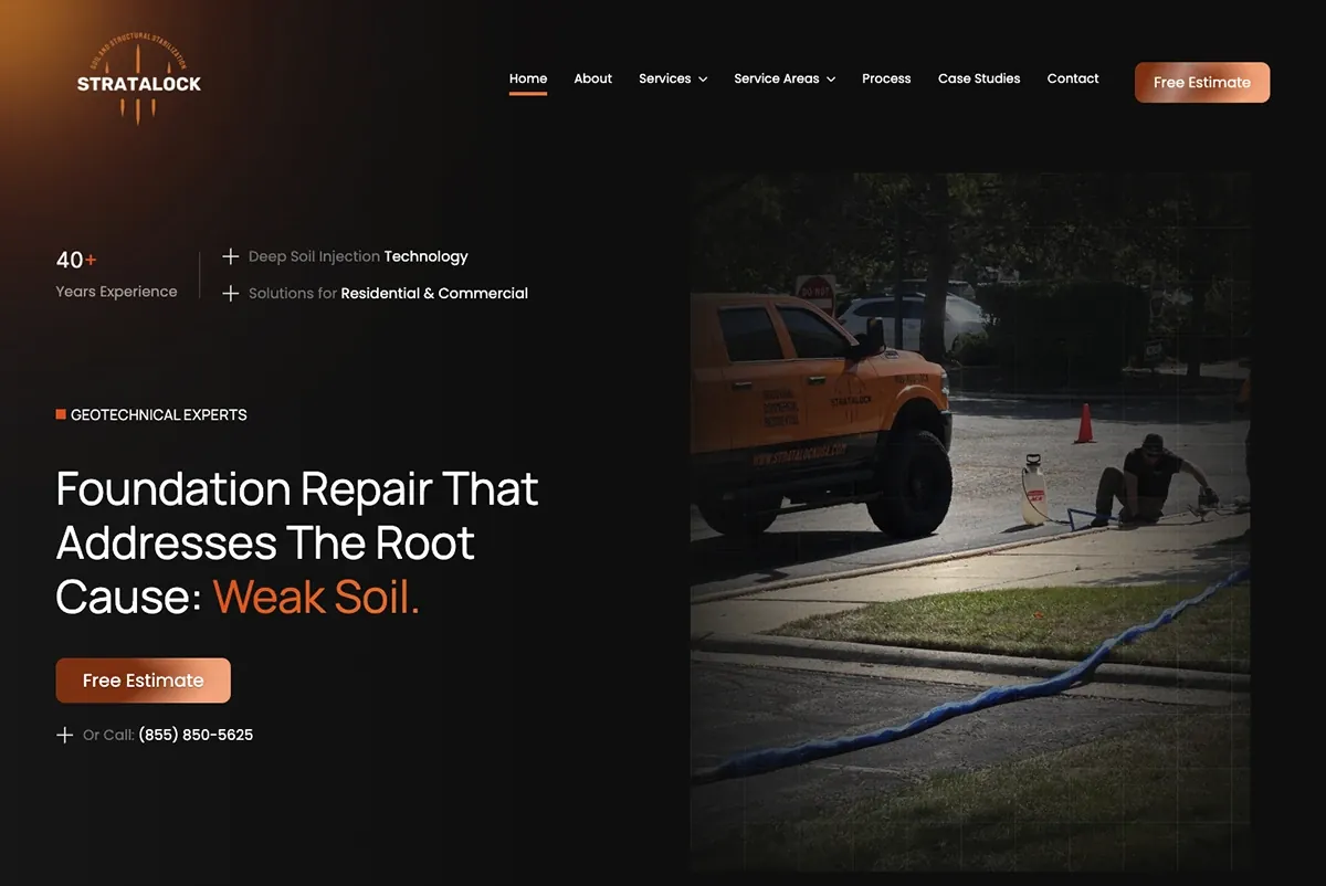 Stratalock's homepage: a foundation repair headline, a free estimate button and a crew injecting soil beside a truck