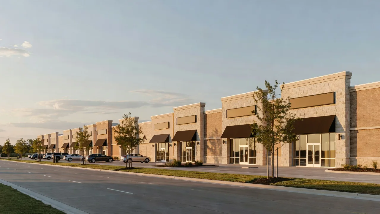 A row of new limestone and brick storefronts along a landscaped parkway in Frisco, Texas, at golden hour