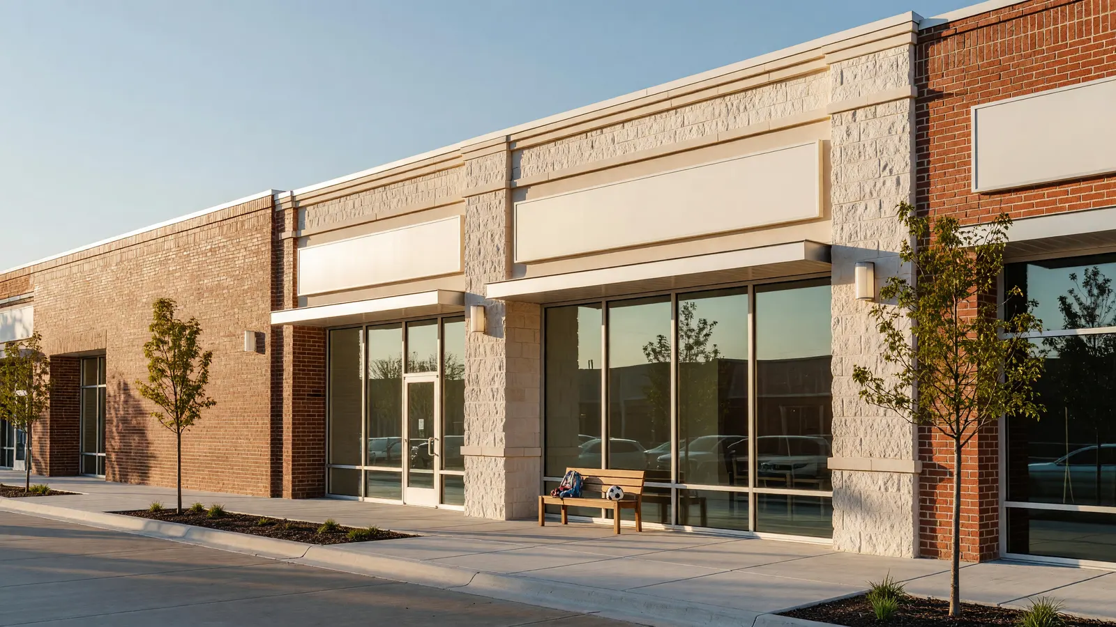 New brick and limestone retail strip in late-afternoon sun, a kid's backpack and soccer ball on a bench by a studio window