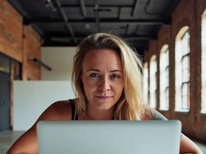 Katie Rutten, who runs the project, schedule and account, at a laptop in a bright brick studio