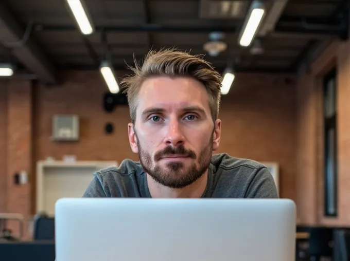 Kyle Rutten, who designs and builds every page, at a laptop in a brick-walled studio