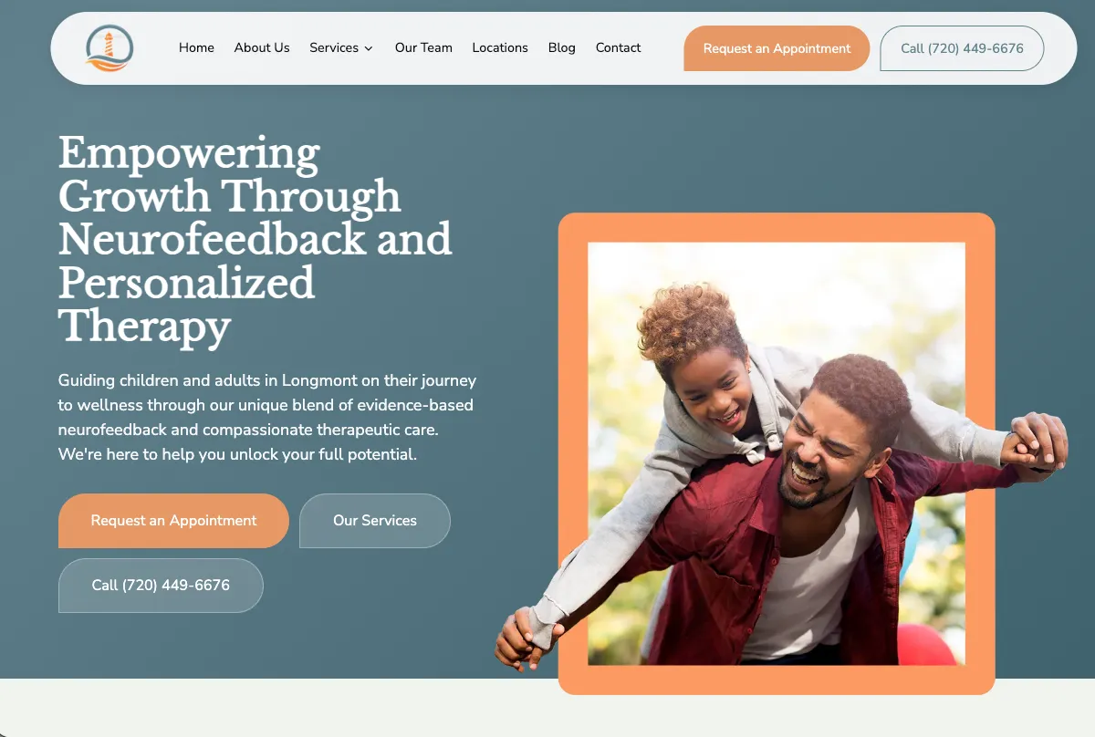 Lighthouse Therapeutics homepage: a parent and child photo beside Request an Appointment and call buttons