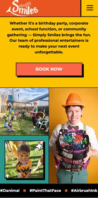 Simply Smiles on a phone, with a large Book Now button under the intro