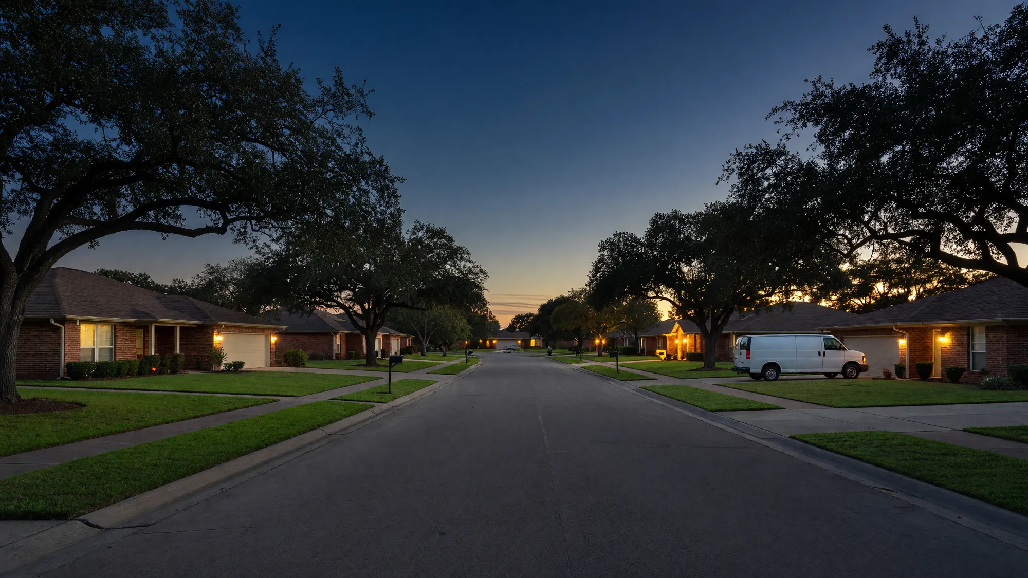 A Garland street at dusk: one-story brick ranch houses under live oaks, porch lights on, a white work van in a driveway