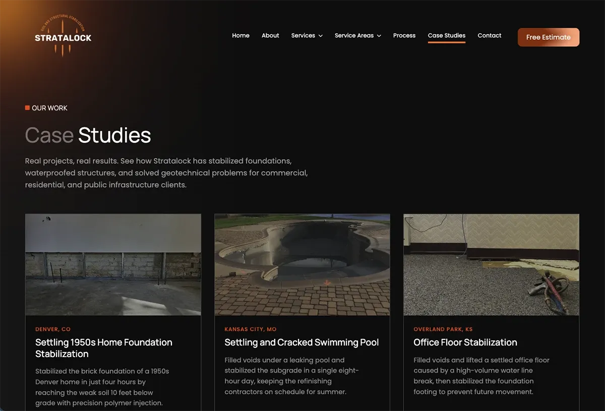 Stratalock's Case Studies page: job cards for Denver, Kansas City and Overland Park, each with a photo of the work