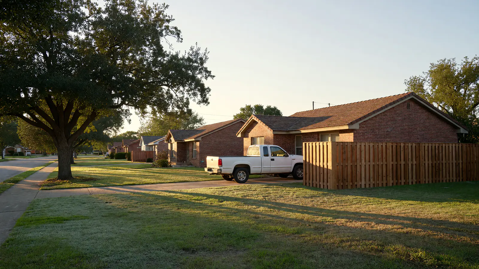 Single-story brick ranch houses under live oaks at sunrise, a white work truck parked beside a new cedar privacy fence