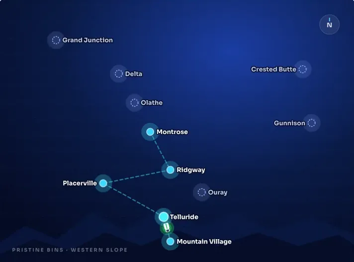 Pristine Bins' real service-area map of Colorado's Western Slope: routes running now and towns launching soon