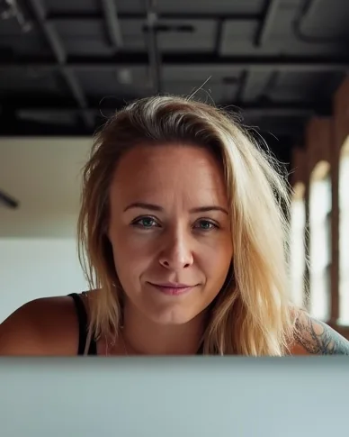 Katie Rutten of Bullfinch, sitting at a laptop in a brick-walled studio and smiling at the camera