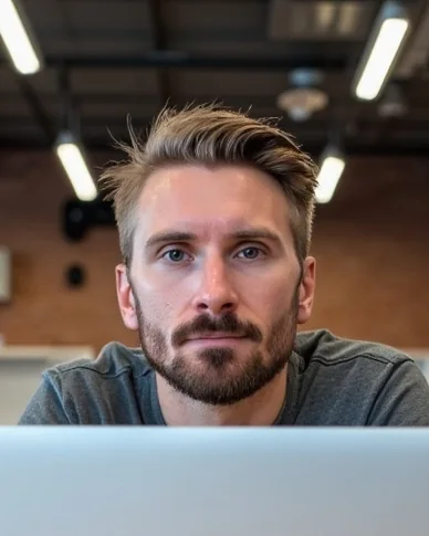 Kyle Rutten of Bullfinch, sitting at a laptop in a brick-walled studio and looking at the camera