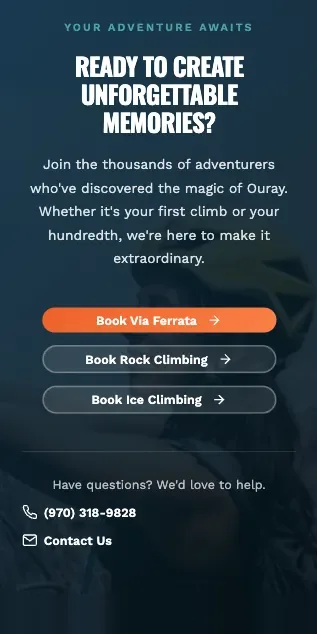 Basecamp Ouray screen with Book Via Ferrata, Book Rock Climbing and Book Ice Climbing buttons above the phone number