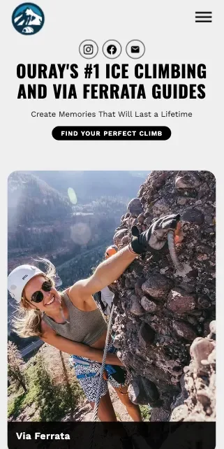Basecamp Ouray home screen on a phone: Ouray's #1 ice climbing and via ferrata guides, and a Find your perfect climb button