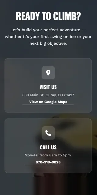 Basecamp Ouray contact screen: the address with a Google Maps link, then office hours and a tap-to-call number