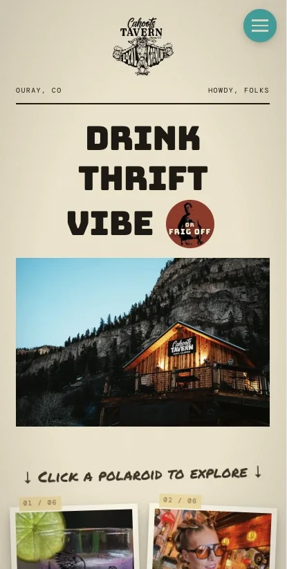Cahoots Tavern home screen on a phone: Drink Thrift Vibe headline above a photo of the tavern lit up at dusk