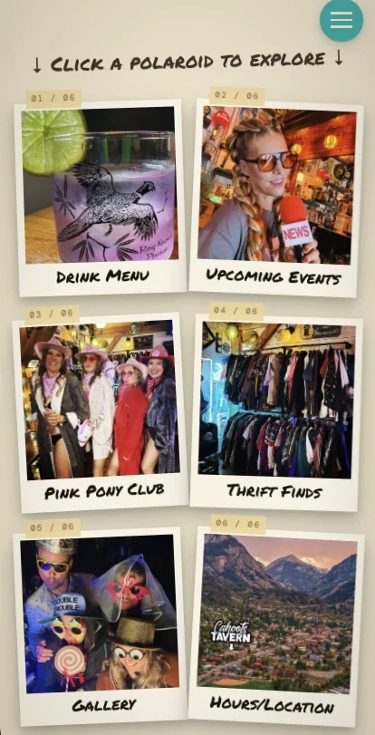 Cahoots Tavern screen of polaroid photo links to the drink menu, upcoming events, gallery and hours and location
