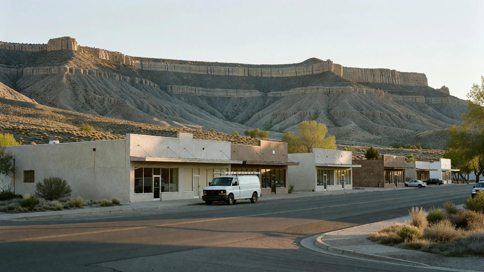 A white work van outside a low row of shops on a desert valley street at sunset, striped Book Cliffs behind