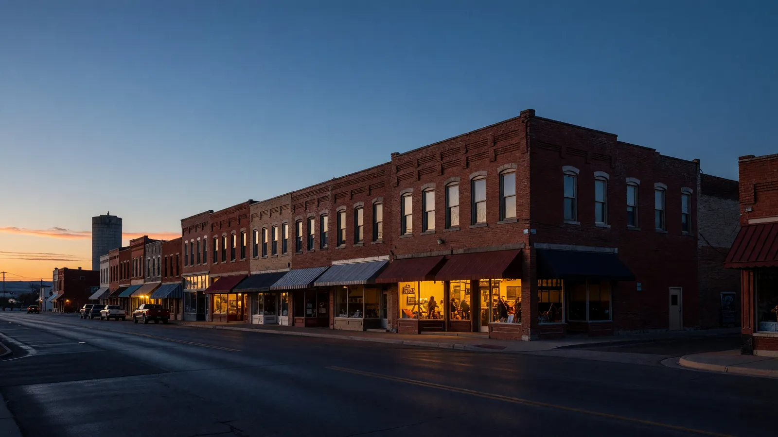 Old brick storefronts on a wide Greeley street at dusk, one shop's windows lit warm
