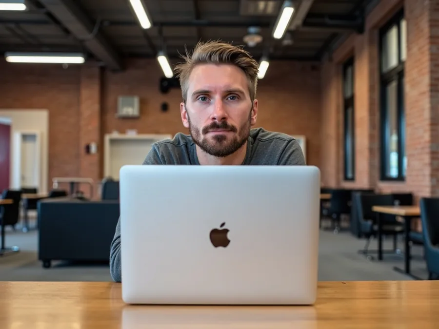 Kyle Rutten typing on a laptop in an office with exposed brick walls