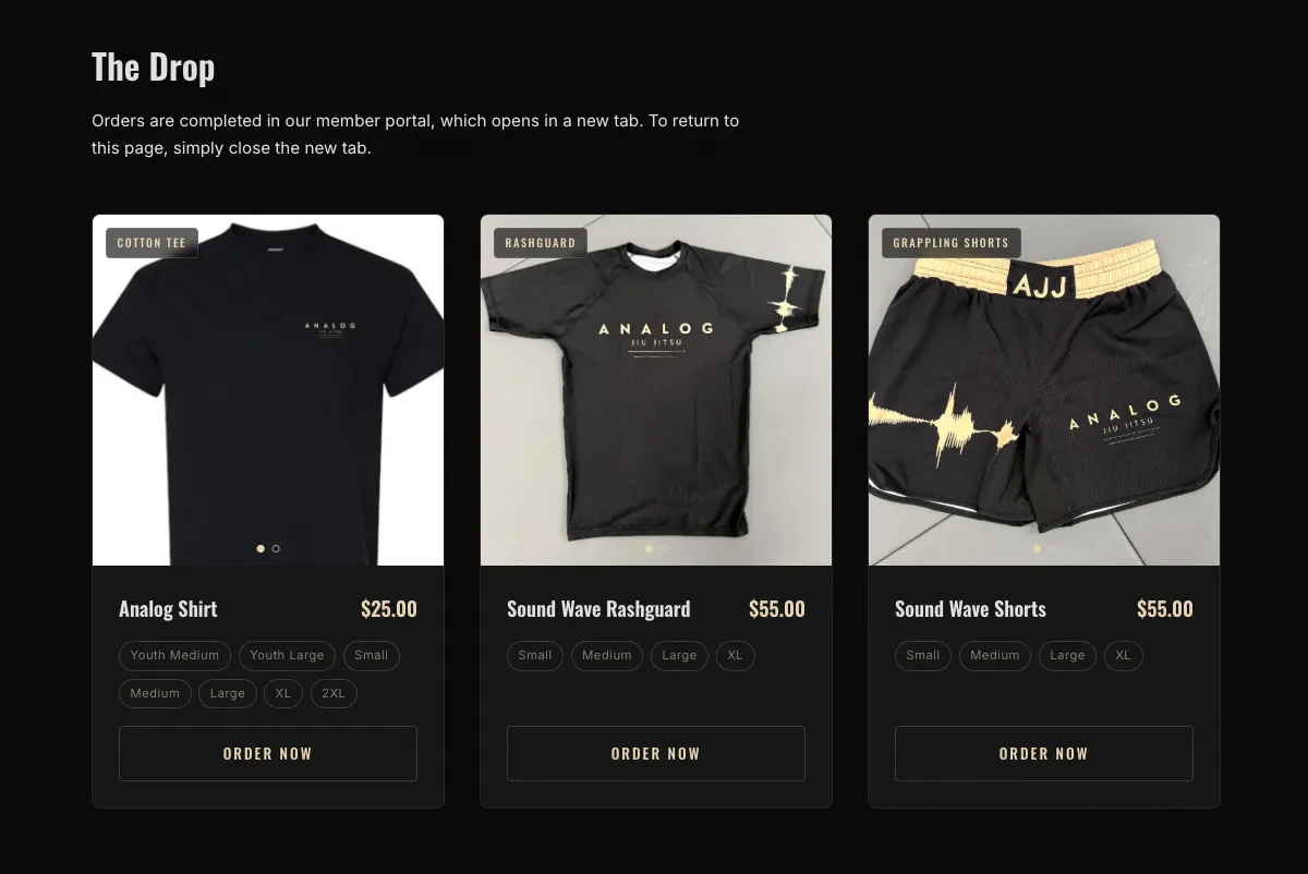 The Drop: Analog shirt $25, rashguard $55 and grappling shorts $55, each with its sizes and an Order Now button