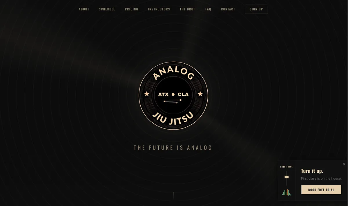 Analog's homepage: record-label logo, a menu with Schedule, Pricing, The Drop and Sign Up, and a free trial card