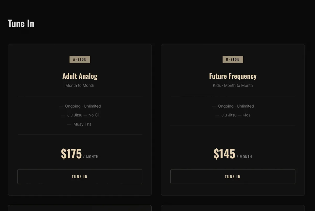 Analog's pricing: Adult Analog $175 a month and Future Frequency kids $145 a month, each with a Tune In button