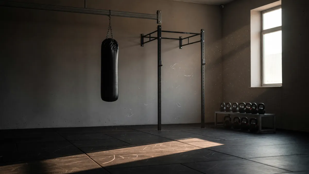 Empty gym at dawn: black floor mats, a heavy bag on a chain, a steel pull-up rig and a rack of kettlebells by a window