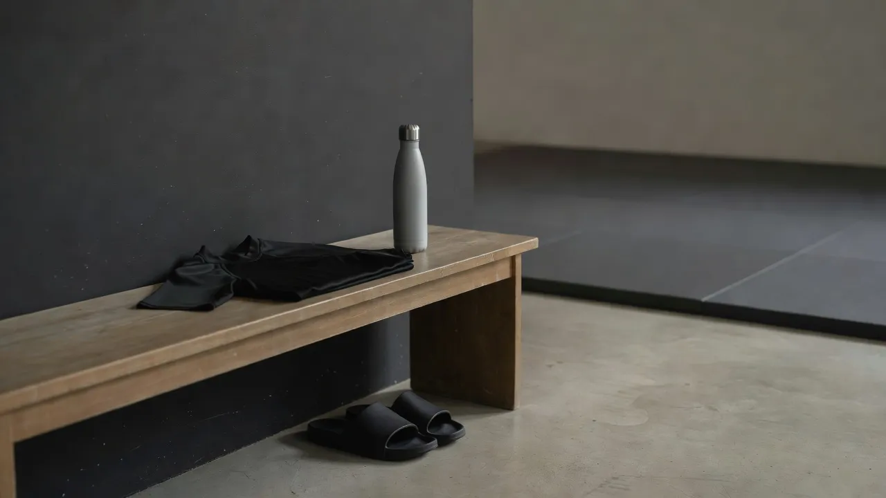 A wooden bench by the mats with a folded black rash guard, a steel water bottle and sandals tucked underneath