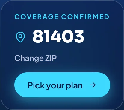 Pristine Bins confirming coverage for ZIP 81403, with a Change ZIP link and a Pick your plan button