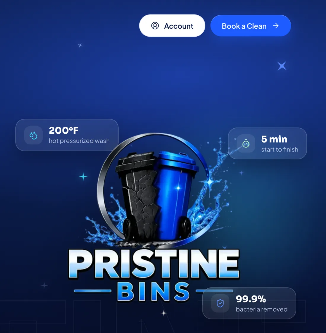 Top of Pristine Bins' homepage: Account and Book a Clean buttons above the bin logo on deep blue
