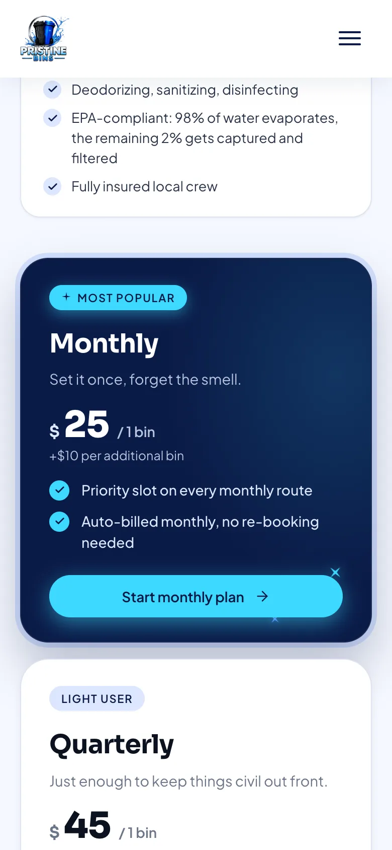 Pristine Bins' plans page on a phone, showing the $25 monthly plan for one bin