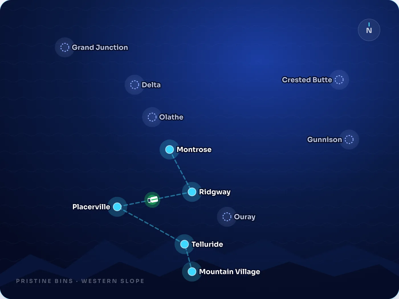 Pristine Bins' service-area map: five towns joined by a route line, six more marked as launching soon