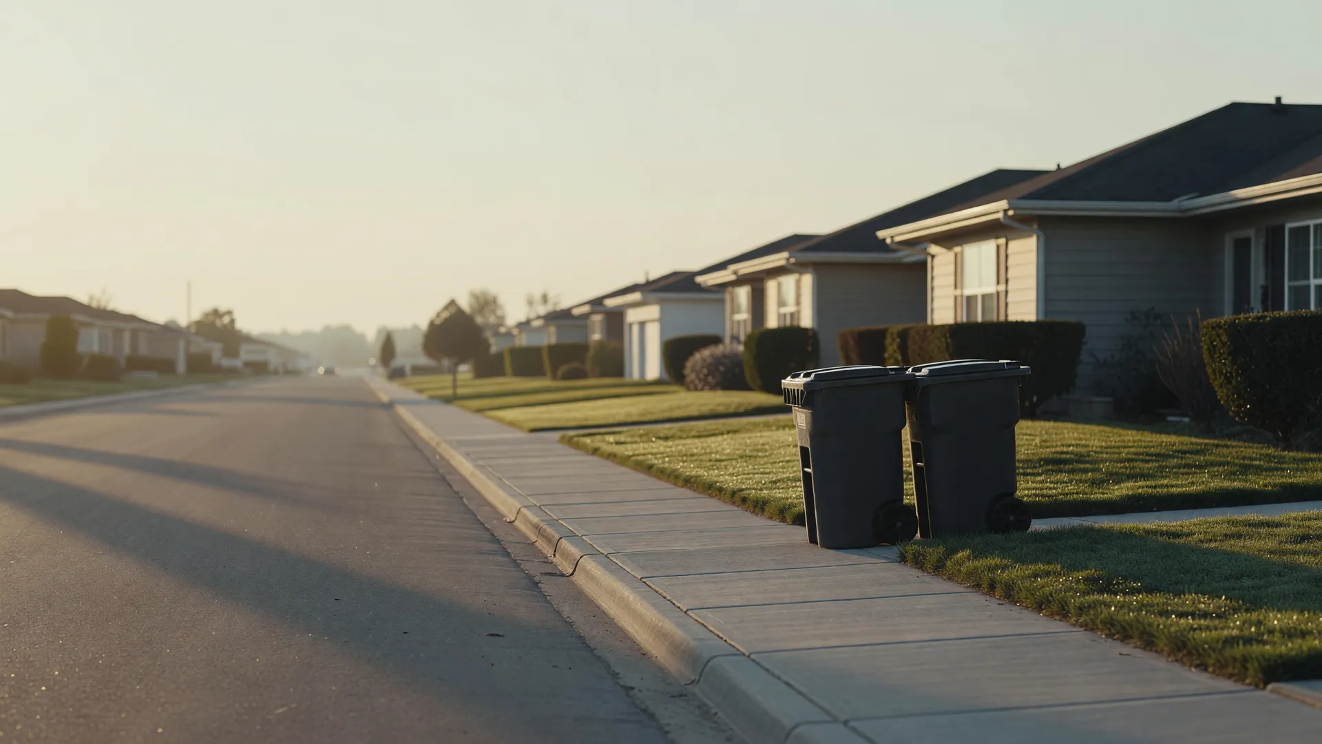 Two trash bins at the curb on a quiet street at sunrise