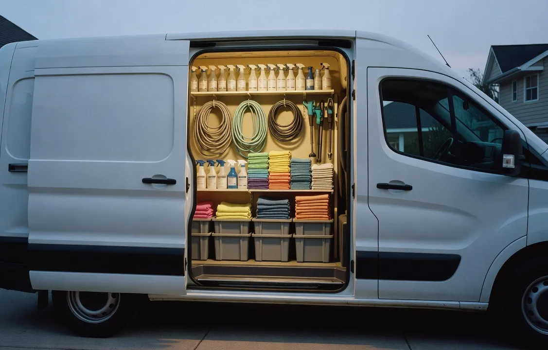 A white van's open side door showing tidy shelves of hoses, spray bottles and cloths at dawn