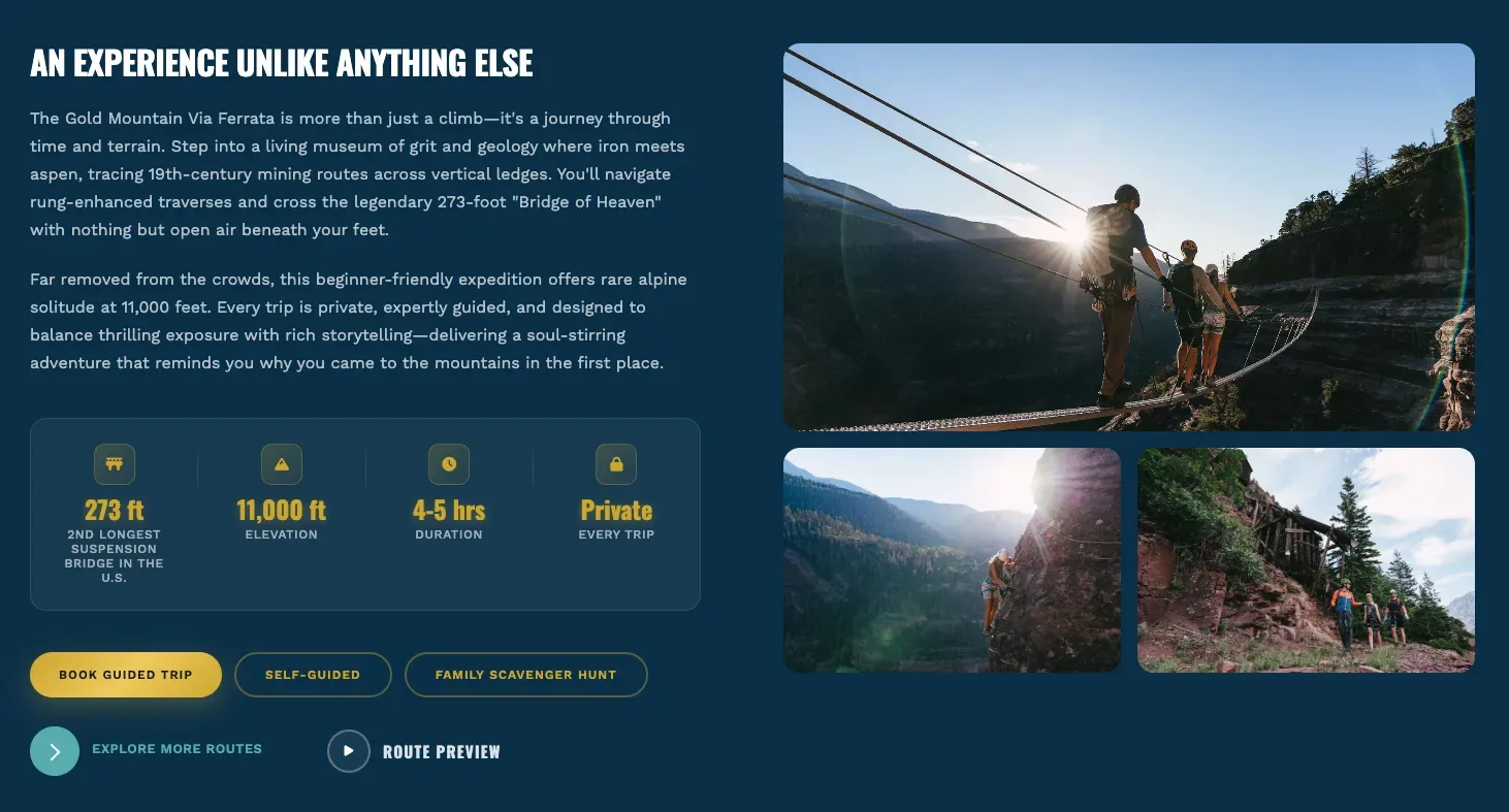Basecamp Ouray via ferrata page: route stats, a Book Guided Trip button and climbers crossing a suspension bridge