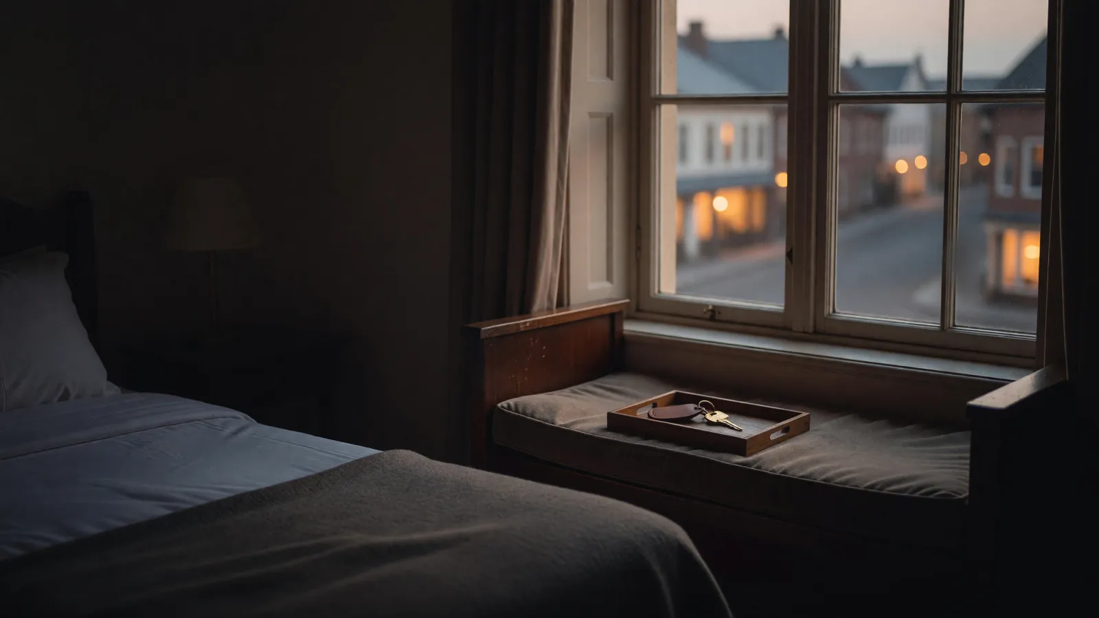 A made bed and a window seat with a brass room key on a wooden tray in a small hotel room at dusk