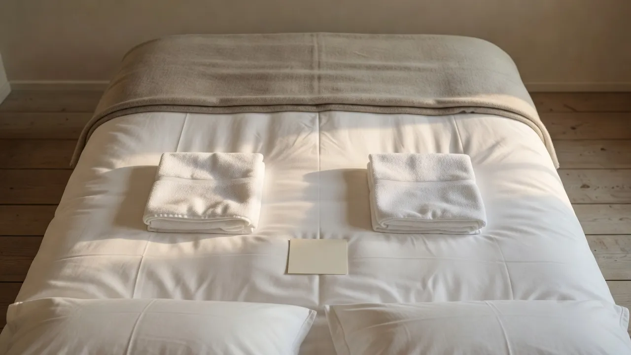 A made bed in a small inn room from above, two folded white towels and a blank card on the sheets in morning light