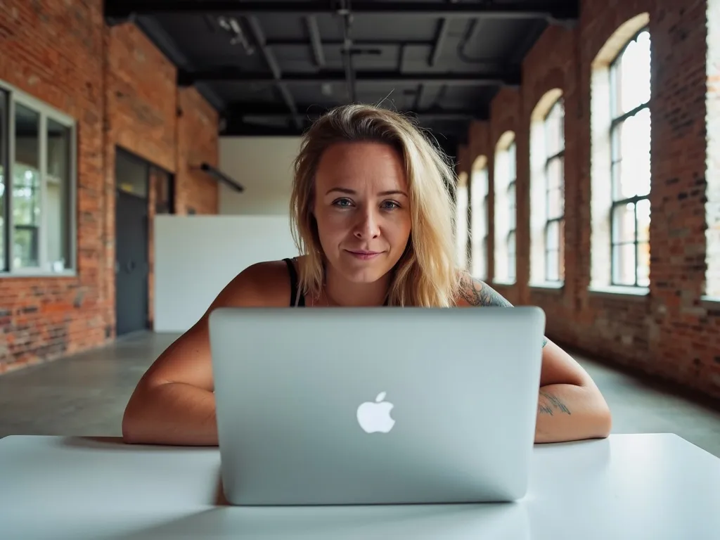 Katie Rutten, who runs Bullfinch projects and accounts, at a laptop in a brick studio with arched windows