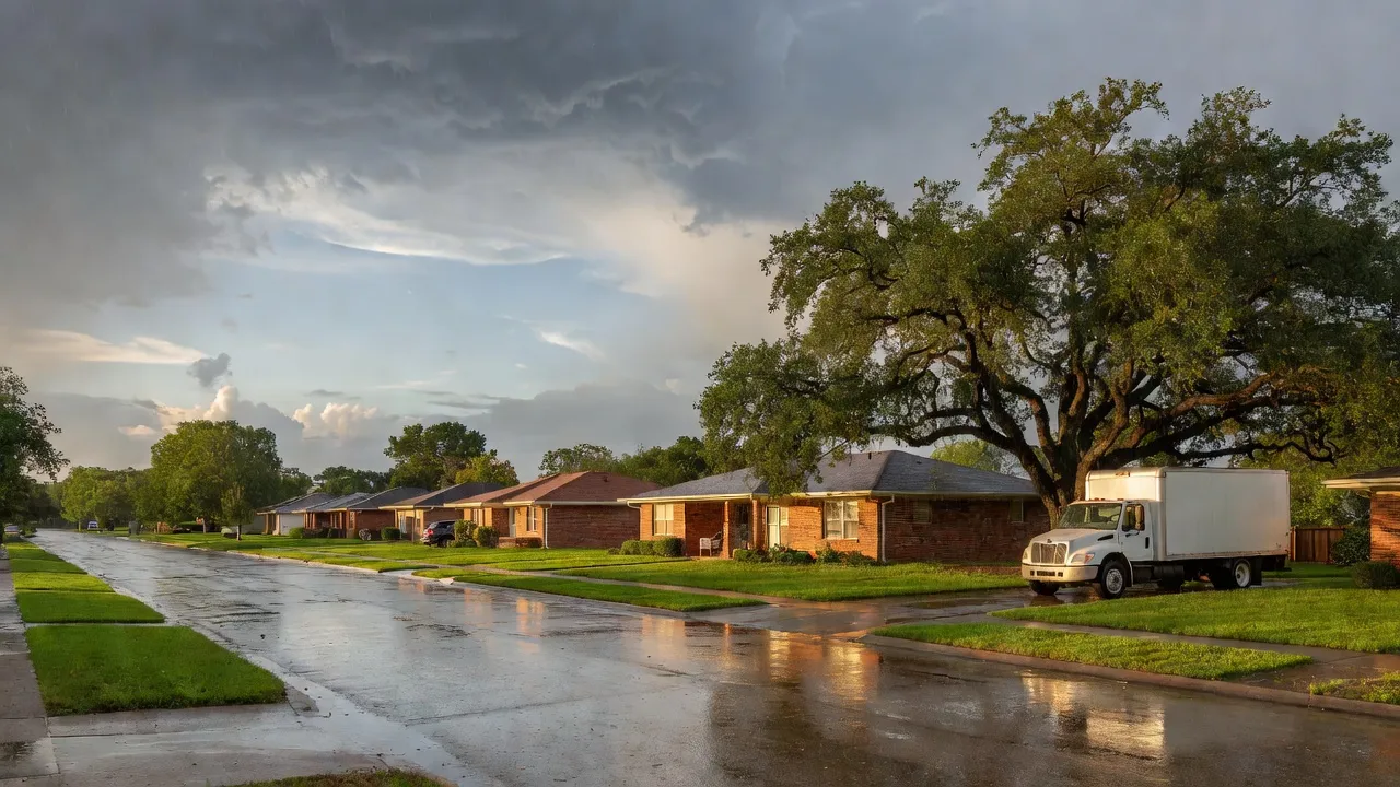 A white work truck parked on a wet Houston street of brick ranch homes as storm clouds clear