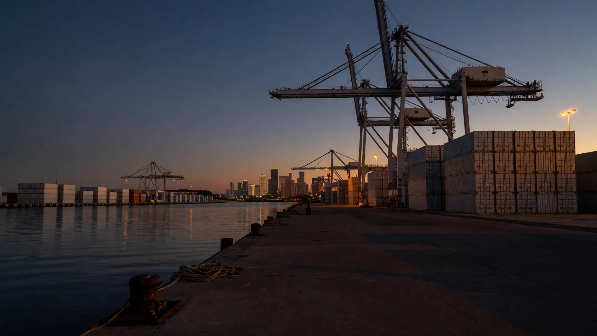Container cranes and a working dock on the Houston Ship Channel at dusk, downtown towers small on the horizon