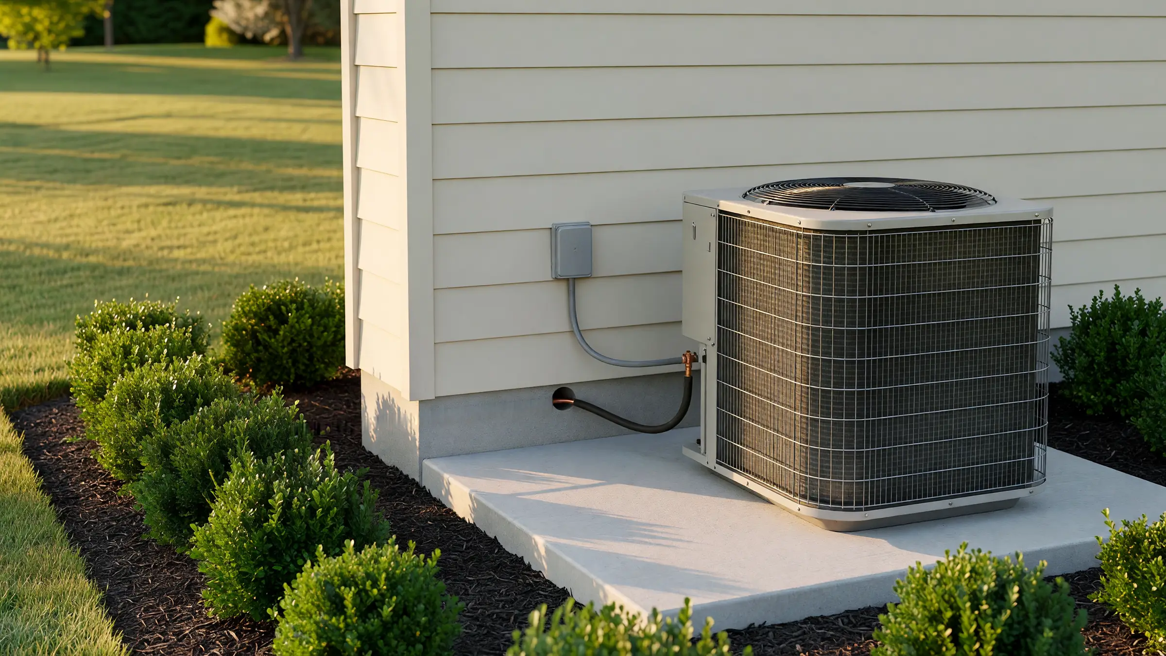 New AC condenser on a concrete pad beside a house, its insulated line set running into the wall, in late-afternoon sun