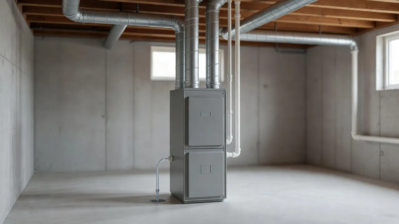 Newly installed grey furnace in a clean basement, with fresh metal ductwork and a condensate line to a floor drain