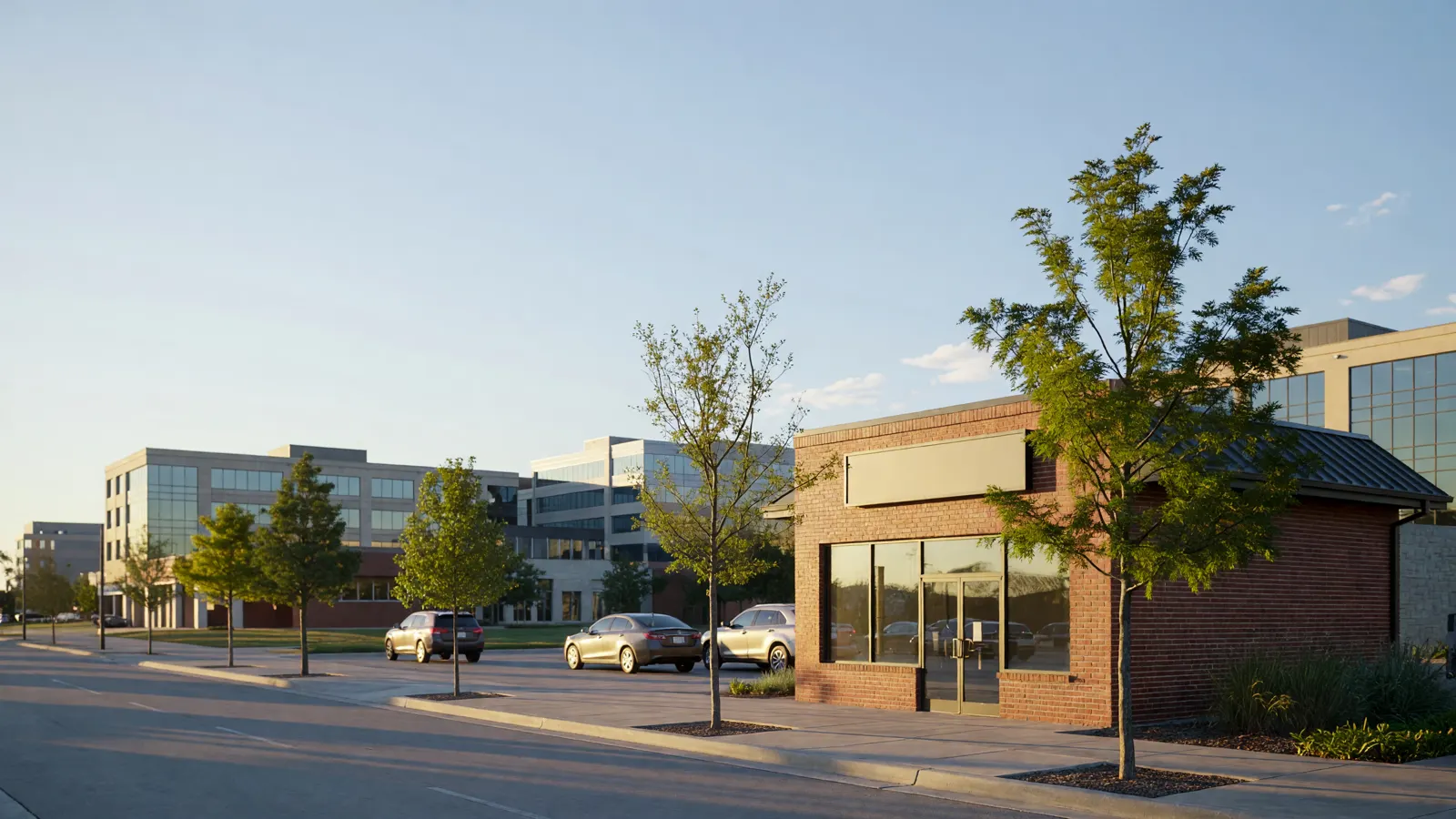 A small brick storefront beside low office buildings in Irving on a sunny weekday morning