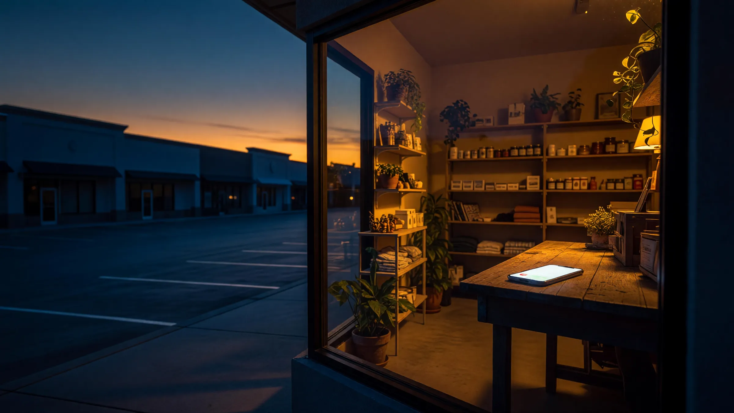 A small owner-run shop in a North Texas strip at dusk, warm light inside, a phone on the counter lighting up with a call.