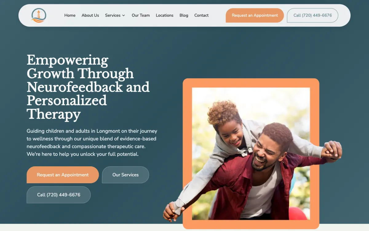 The Lighthouse Neurofeedback & Behavioral Health homepage: appointment and call buttons beside a father and his daughter.