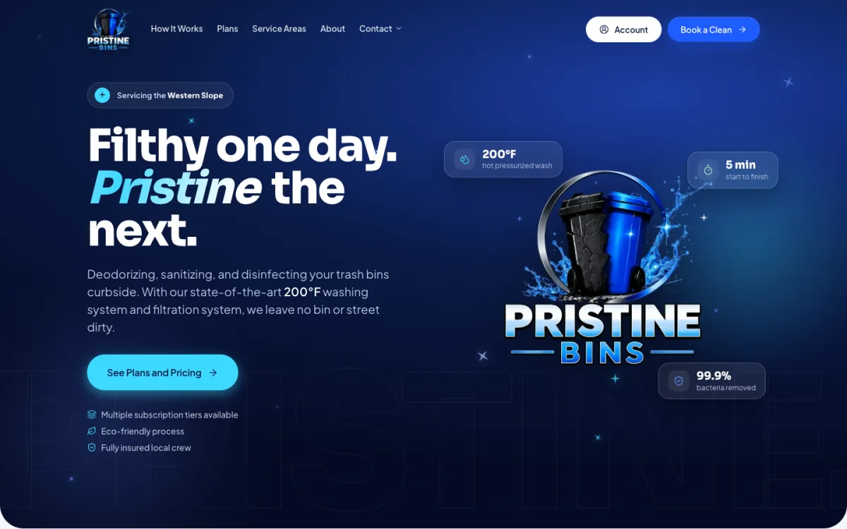 The Pristine Bins homepage in deep blue: 'Filthy one day. Pristine the next.' beside a freshly washed trash bin.