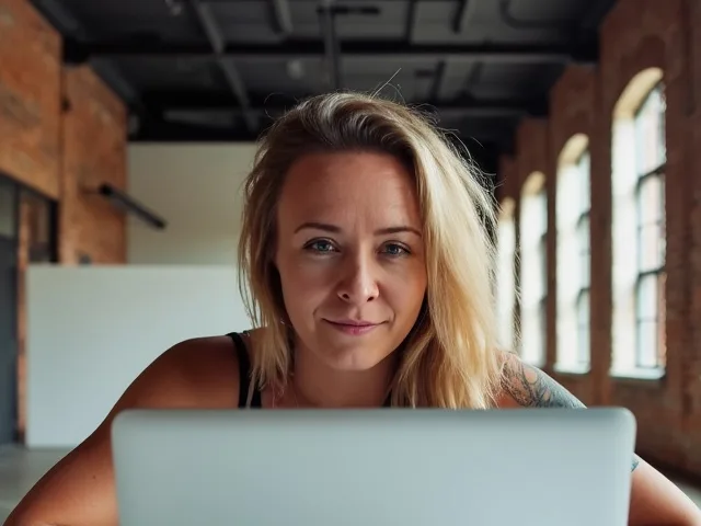 Katie Rutten of Bullfinch at a laptop in a bright brick loft with tall arched windows